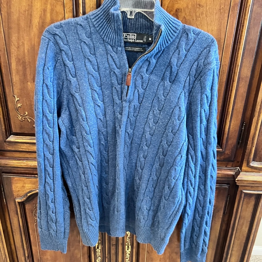 Polo Ralph Lauren Quarter Zip Ribbed Sweater Cashmere/Silk Leather Tab EUC
